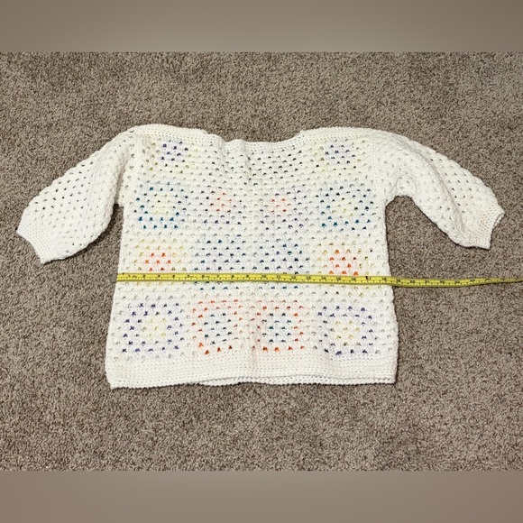 White Crochet Granny-Square Pullover Sweater with Multicolor Accents - Picture 2 of 3